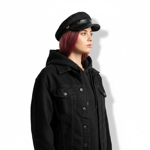 model wearing Two Tone Cotton Flat Top Fisherman Cap black faux leather curved brim, and gold button band in black / one size