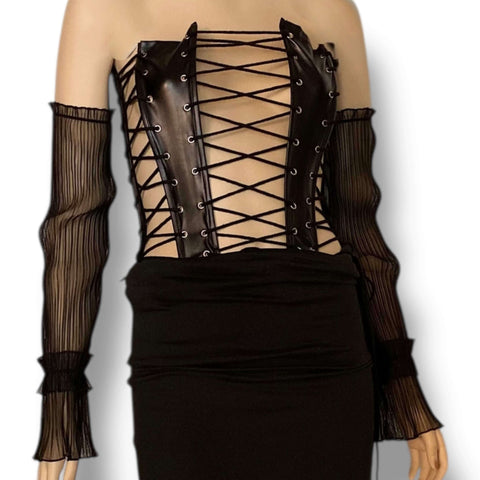 Black Faux Leather Lace-Up Corset Top fitted sleeveless cropped top with silver grommets triple lacing and shiny coated finish