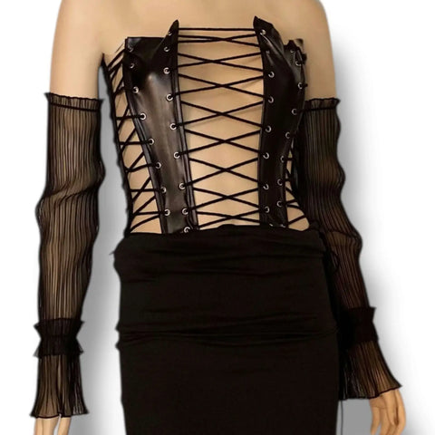 Black Faux Leather Lace-Up Corset Top fitted sleeveless cropped top with silver grommets triple lacing and shiny coated finish