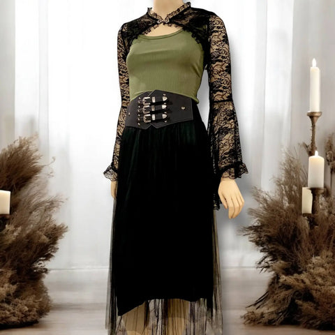 Black Floral Long Sleeve Gothic Lace Bolero back side model wearing with black studded corset belt and black midi skirt 