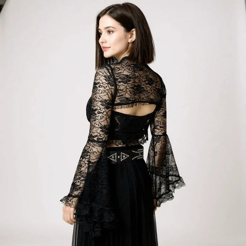 Black Floral Long Sleeve Gothic Lace Bolero back side model wearing with black studded belt and midi skirt