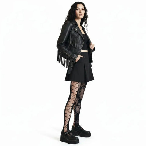 Black Floral cut out fishnet tights with rose vine detail, diamond mesh panels and high-waist stretch fit / one size