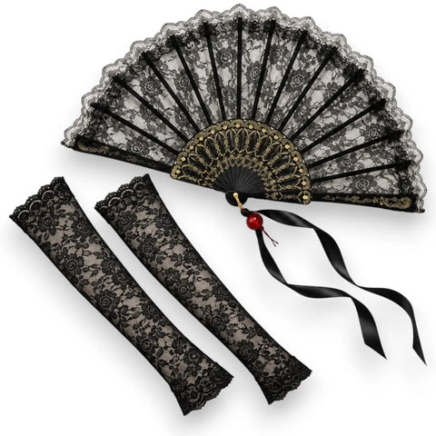 Gothic Romance Black Lace Fan and Long Arm Sleeves with gold ribs and ribbon tassels