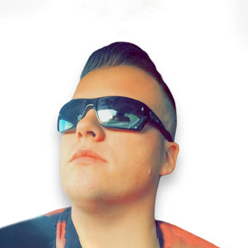 Black-framed sunglasses with reflective blue lenses.