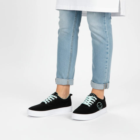 Black Canvas Happy Face Low Top Sneakers with green laces and white platform sole/ women's / size 5