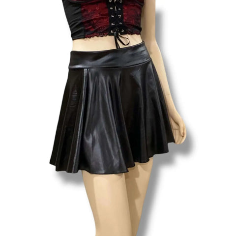 Black High Waist Wavy Mini Skirt wet-look faux leather and elastic waistband  one size