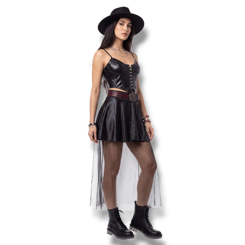 Black High Waist Wavy Mini Skirt A-line wet-look faux leather and elastic waistband  one size