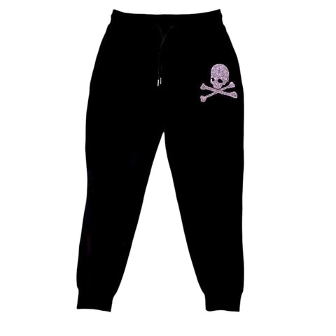 black joggers side pockets rhinestones skull crossbones women's lg/xl
