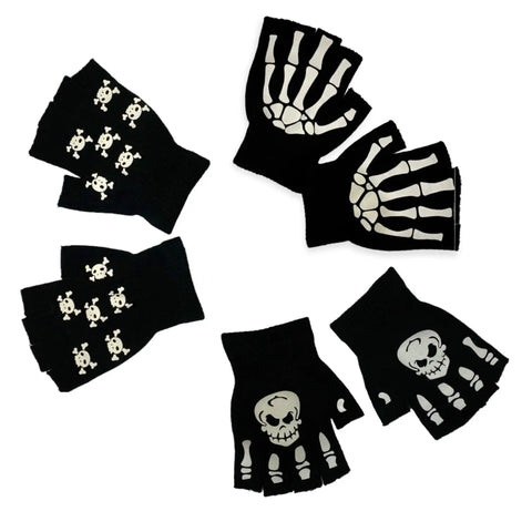 unisex black fingerless gloves with bone print flat lay