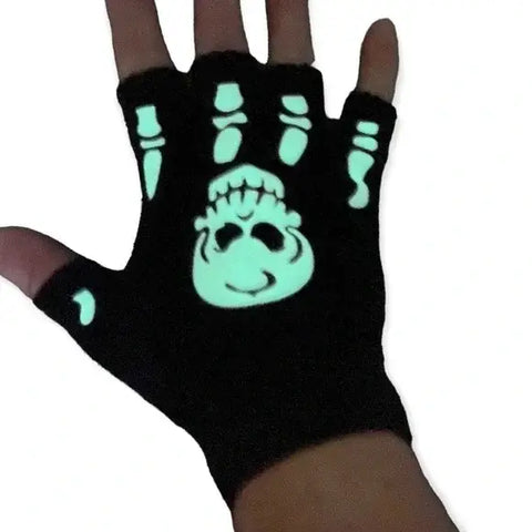 glow-in-the-dark skeleton skulls fingers fingerless gloves worn on hand
