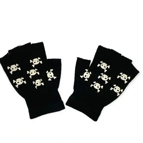 close-up skull and crossbones design on black knit fingerless gloves