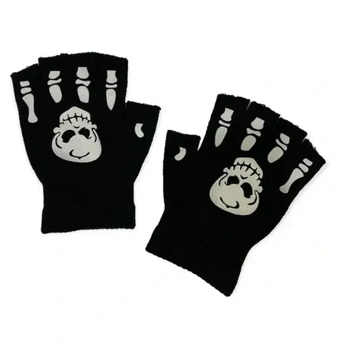 black knit skeleton fingerless gloves with glow-in-the-dark skulls and finger bones
