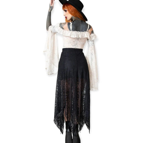 Black lace sheer asymmetrical maxi skirt with flowy handkerchief hem, partial lining, and stretch waist. Boho, gothic, and festival fashion inspired.