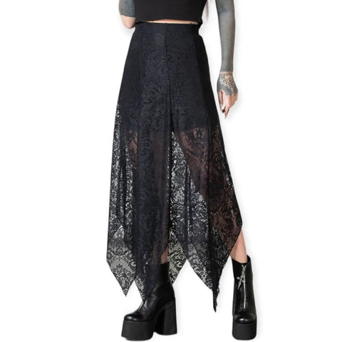 Black lace sheer asymmetrical maxi skirt with flowy handkerchief hem, partial lining, and stretch waist. Boho, gothic, and festival fashion inspired.