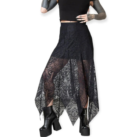 Black lace sheer asymmetrical maxi skirt with flowy handkerchief hem, partial lining, and stretch waist. Boho, gothic, and festival fashion inspired.