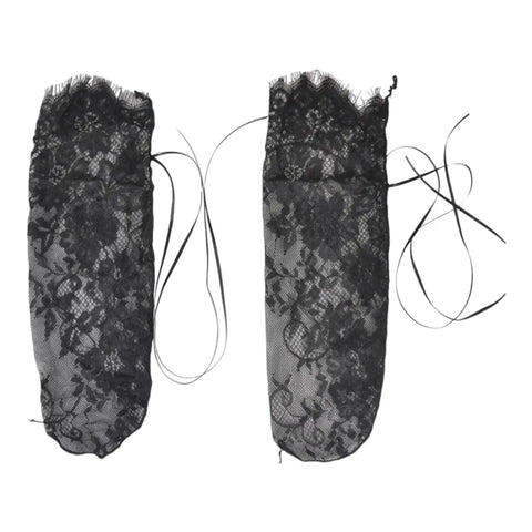 Black lace ribbon tie ankle socks with sheer floral lace and frill trim, perfect for coquette and Y2K fashion.