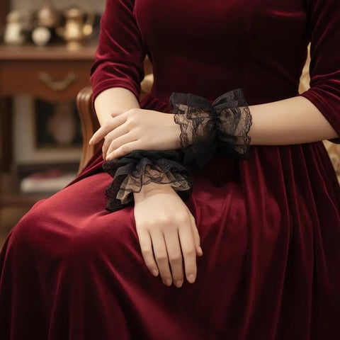 Detachable Victorian lace wrist cuffs in black or white with ruffled floral lace and stretch band