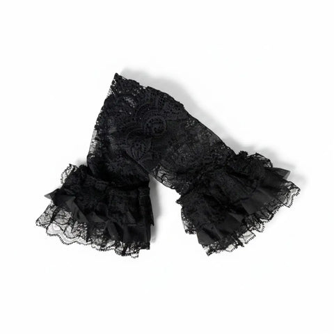 Romantic lace ruffle arm covers in black with floral forearm lace and fingerless hand detail / one size