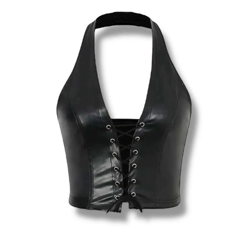 Black Lace-Up Halter Crop Corset Top silver grommets up front fitted top