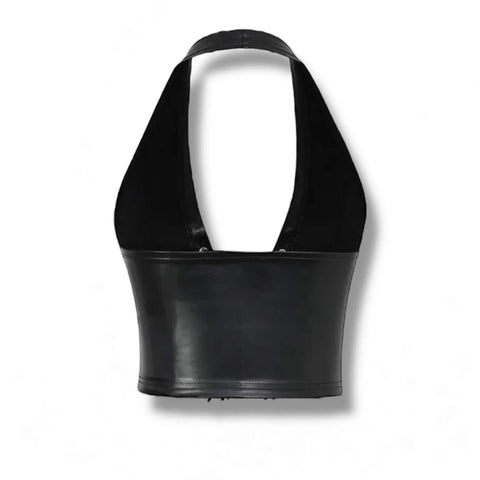Black Lace-Up Halter Crop Corset Top silver grommets up front fitted top