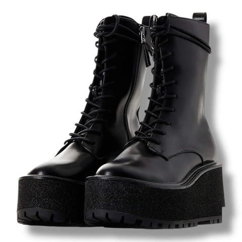  black lace up mid-calf platform boots with wedge lug sole, side zipper for women