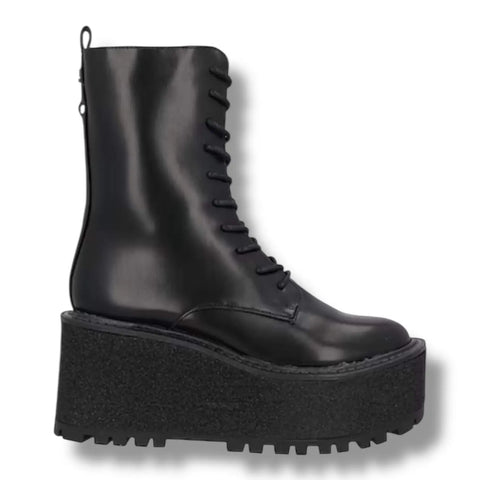  black lace up mid-calf platform boots with wedge lug sole, side zipper 
