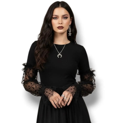Black Lace Velvet Dots Ruffle Arm Covers with sheer mesh, velvet hearts accents, stretch fit, and flared cuffs