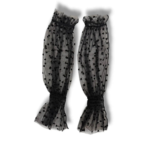 Black Lace Velvet Dots Ruffle Arm Covers with sheer mesh, velvet hearts accents, stretch fit, and flared cuffs