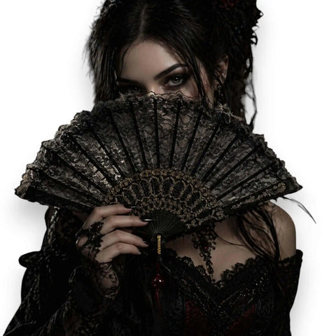 Gothic Romance Black Lace Fan and Long Arm Sleeves with gold ribs and ribbon tassels