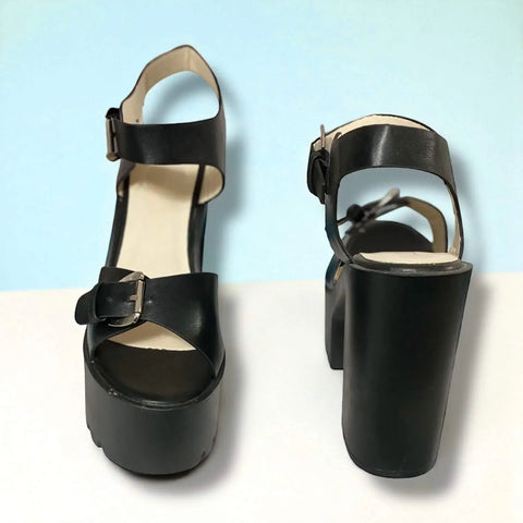 Black Leather Buckle Platform High Heels - Leather Platform High Heels / Black / 7 - Women’s Heels