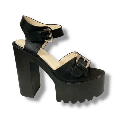Black Leather Buckle Platform High Heels - Leather Platform High Heels / Black / 7 - Women’s Heels