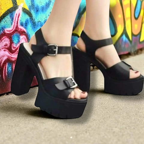 Black Leather Buckle Platform High Heels - Leather Platform High Heels / Black / 7 - Women’s Heels