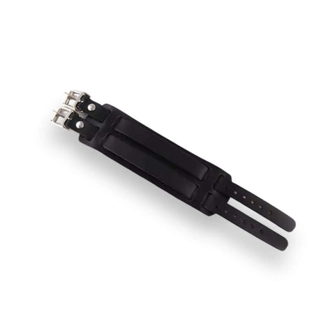 Black Leather Buckle Strap Cuff Bracelet worn on wrist, displaying its bold and edgy style