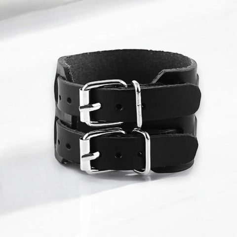  Front view of Black Leather Buckle Strap Cuff Bracelet featuring dual silver buckles on premium black leather