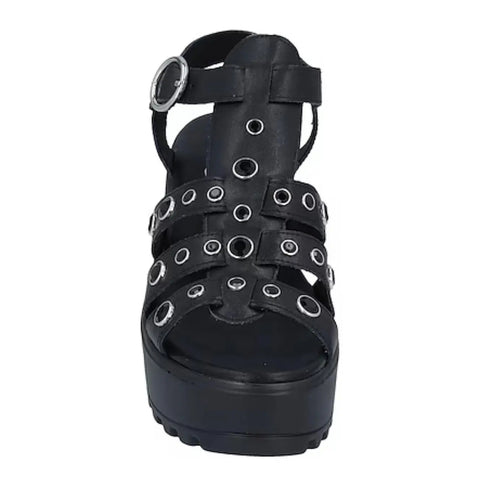 Black Leather Crystal Platform Sandals Chunky Heel with faceted black crystals, multi straps, buckle closure, and 3 inch block heel 8.5