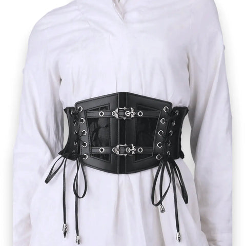 Black Leather & Lace-Up Silver Buckle Wide Corset Belt lace-accent front and elastic snap back for gothcore punk and Dark Academia styling