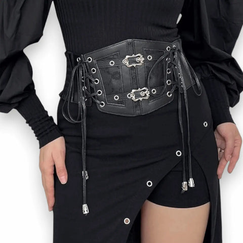 Black Leather & Lace-Up Silver Buckle Wide Corset Belt lace-accent front and elastic snap back for gothcore punk and Dark Academia styling