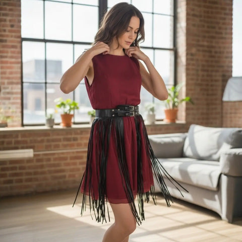 Woman wearing a Black Leather Long Fringe Statement Belt over a burgundy dress in a stylish indoor setting.