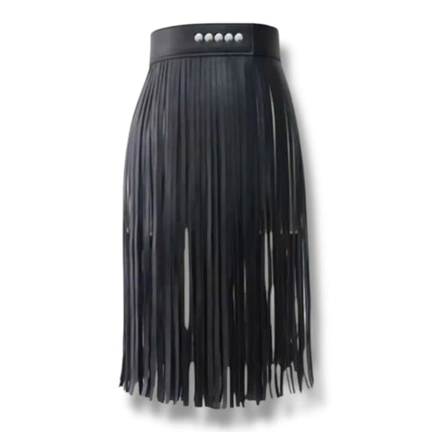 Black Leather Long Fringe Statement Belt showcasing flowing fringe design and structured waistband for bold fashion.