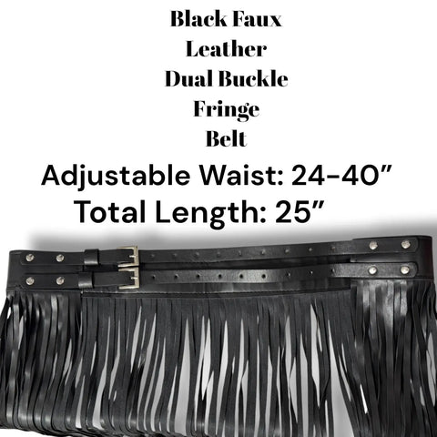 Black Leather Long Fringe Statement Belt with dual buckles and adjustable waist from 24 to 40 inches.