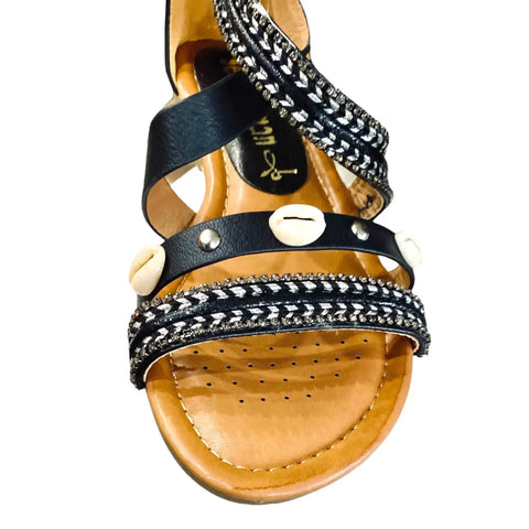black leather round open toe embroidered arrows, rhinestones, seashells embellished women's ankle sandals