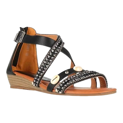 black leather multi-strap ankle sandals with seashell and rhinestone accents low woodgrain heel