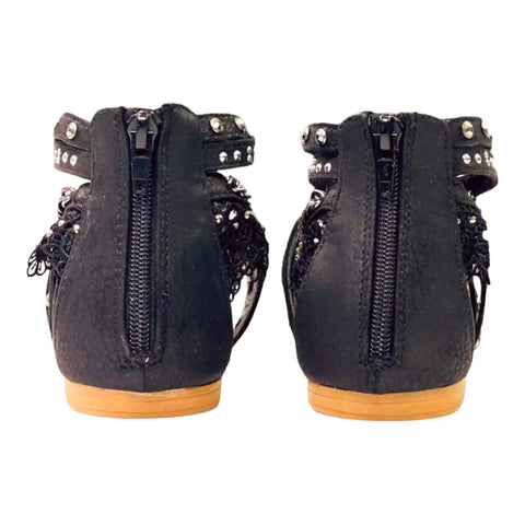 black leather multi-strap ankle sandals with seashell and rhinestone accents low woodgrain heel backside zipper closure
