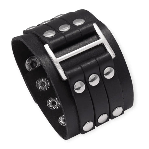 Black Leather Silver Straps Cuff Bracelet