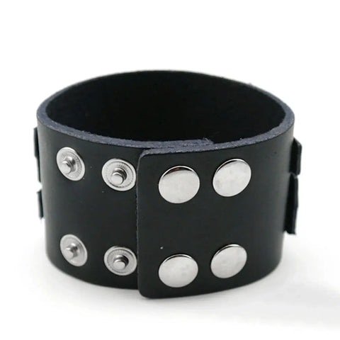 Black Leather Silver Straps Cuff Bracelet