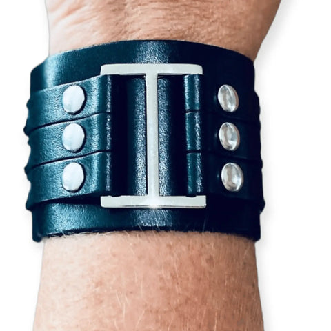 Black Leather Silver Straps Cuff Bracelet