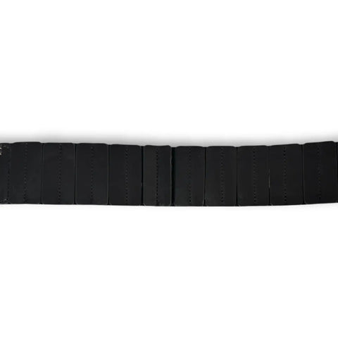 Black Leather Studded Waist Statement Belt with gunmetal studs, asymmetrical front, hook buckle, and elastic back panel