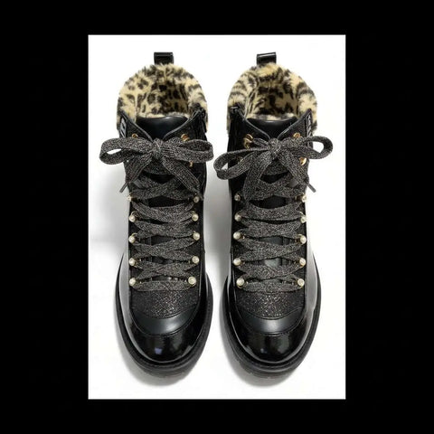 Black Leopard Fur Collar Hiker Boots - Juicy Couture Indulgence Black Patent Leopard Fur Hiker Boots Size 9.