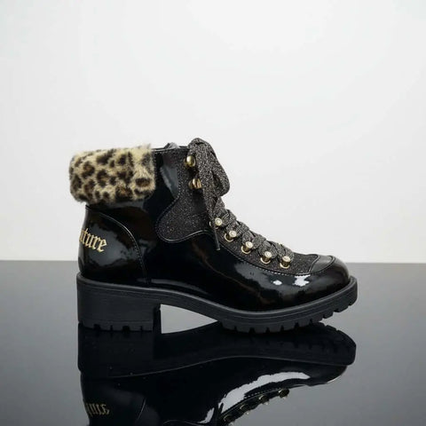 Black Leopard Fur Collar Hiker Boots  Juicy Couture Indulgence Black Patent Leopard Fur Hiker Boots Size 9.