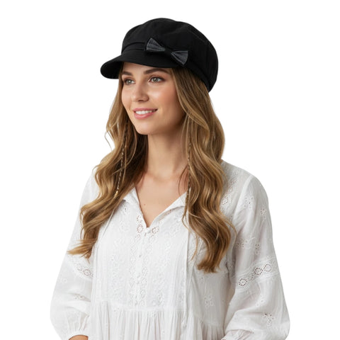 model wearing a black Linen Newsboy Cap with Bow / women's / one size